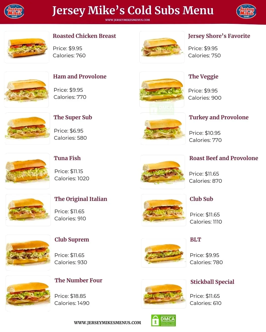 Jersey Mike’s Cold Subs Menu with Prices